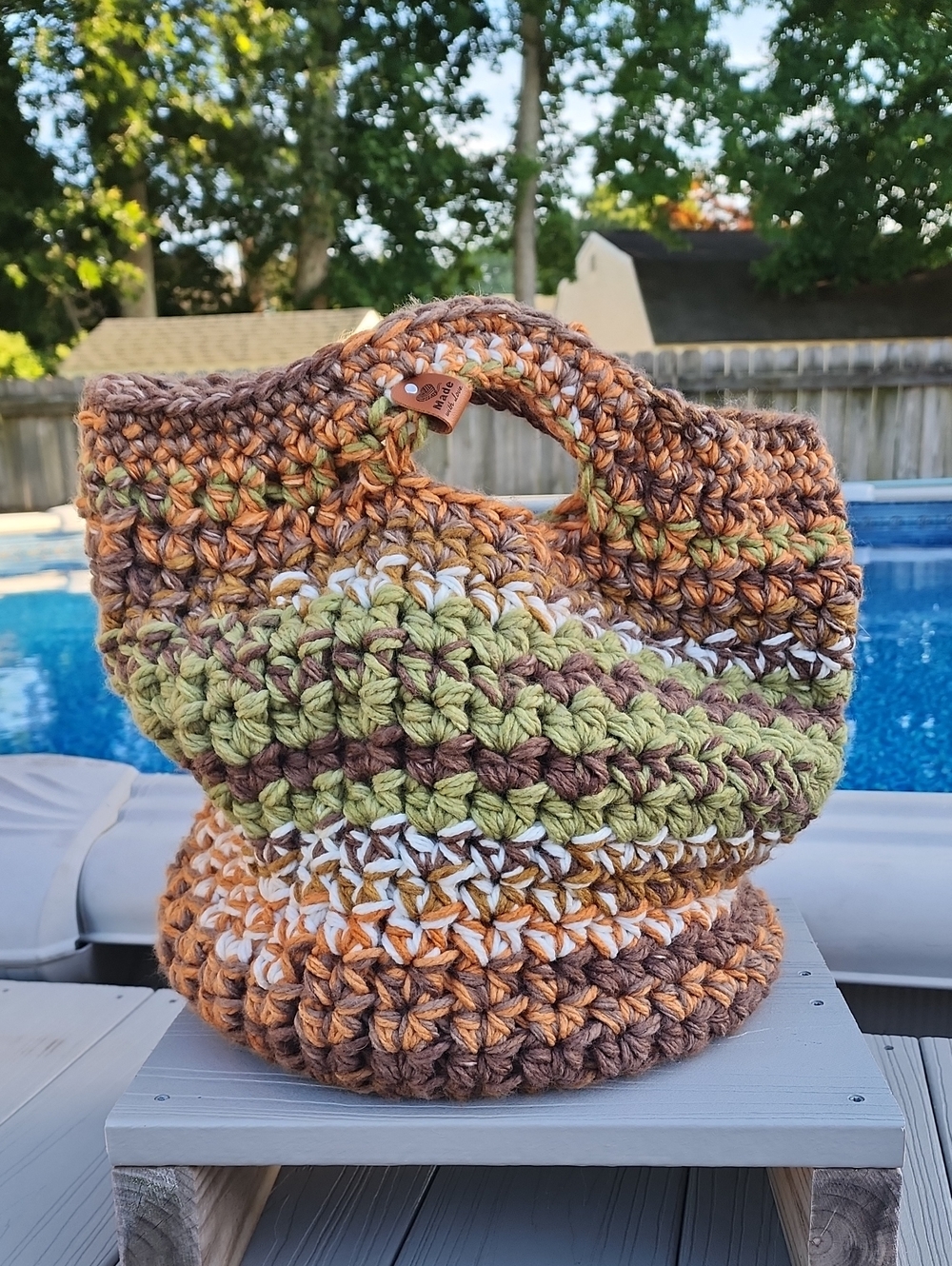 Handmade Crochet Women’s Tote Bag in Brown, Green & Cream